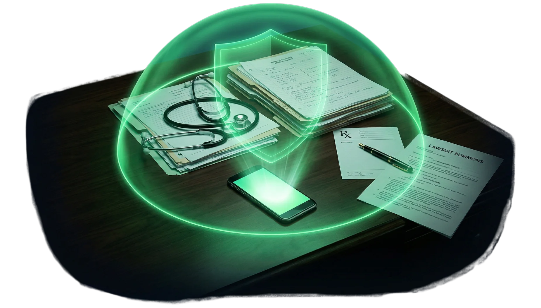 Mesa de médico protegida por escudo holográfico